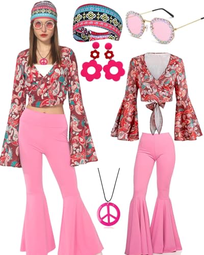 kasahara Hippie Kostüm Damen Full Set 60er 70er Jahre Hippie Bekleidung Disco Outfit mit Oberteile Schlaghose Halloween Mottoparty Karneval Faschingskostüme (Pink, L) von kasahara