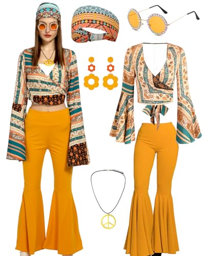 kasahara Hippie Kostüm Damen Full Set 60er 70er Jahre Hippie Bekleidung Disco Outfit mit Oberteile Schlaghose Halloween Mottoparty Karneval Faschingskostüme (Yellow, L) von kasahara