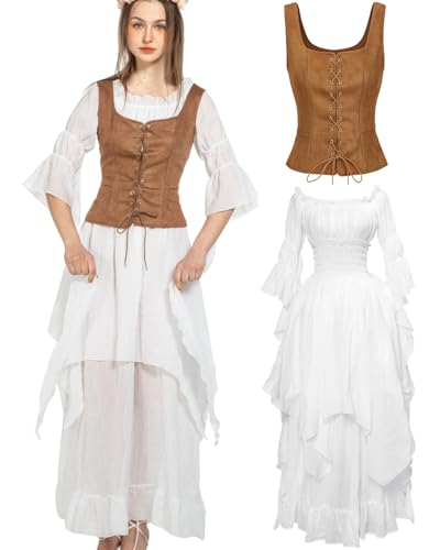 kasahara Mittelalter Kleidung Damen, Elegant Retro Weste Kleid Renaissance Feen Kostüm Victorian Kleid Gothic Hexen Maxi Wedding Dress Karneval Faschingskostüm (Khaki, L) von kasahara