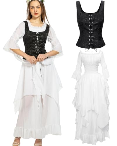 kasahara Mittelalter Kleidung Damen, Elegant Retro Weste Kleid Renaissance Feen Kostüm Victorian Kleid Gothic Hexen Maxi Wedding Dress Karneval Faschingskostüm (Schwarz, 2XL) von kasahara