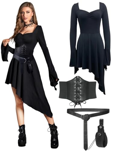 kasahara Mittelalter Kleidung Damen Set Gothic Kleid Retro Renaissance Bekleidung mit Korsett, Gürteltasche, Gürtel, Viktorianisch Karneval Faschingskostüm (Black, 2XL) von kasahara