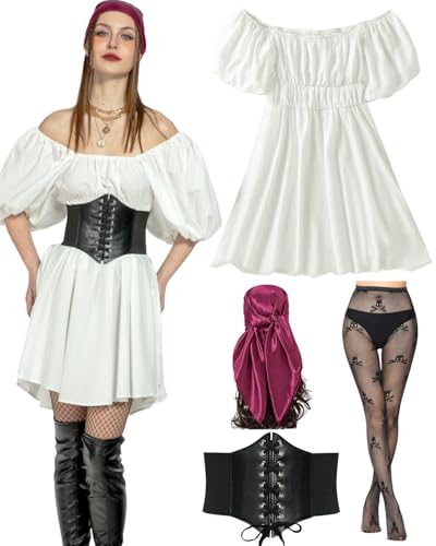 kasahara Piratenkostüm Damen Set Mittelalter Piraten Off Shoulder Jumpsuit Outfit mit Korsett, Strumpf, Kopftuch, Karneval Full Faschingskostüm (White-KurzÄrmel, M) von kasahara