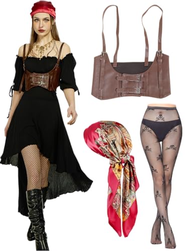 kasahara Piratenkostüm Damen Set Mittelalter Piraten Off Shoulder Kleid Piratin Outfit mit Korsett, Strumpf, Kopftuch, Karneval Full Faschingskostüm (Black, L) von kasahara