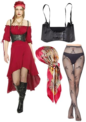 kasahara Piratenkostüm Damen Set Mittelalter Piraten Off Shoulder Kleid Piratin Outfit mit Korsett, Strumpf, Kopftuch, Karneval Full Faschingskostüm (Red, L) von kasahara