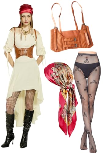 kasahara Piratenkostüm Damen Set Mittelalter Piraten Off Shoulder Kleid Piratin Outfit mit Korsett, Strumpf, Kopftuch, Karneval Full Faschingskostüm (off-white, L) von kasahara