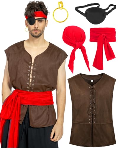 kasahara Piratenkostüm Herren Set Mittelalter Retro Weste Kleidung Renaissance Costume Set Piraten Kopftuch Belt Augenklappe Wikinger Kostüm Karneval Faschingskostüm (Red, M) von kasahara