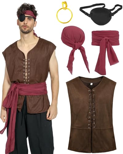 kasahara Piratenkostüm Herren Set Mittelalter Retro Weste Kleidung Renaissance Costume Set Piraten Kopftuch Belt Augenklappe Wikinger Kostüm Karneval Faschingskostüm (Wein-Red, 2XL) von kasahara