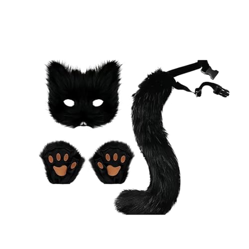 kawehiop Fuchskostüm Cosplay, Halloween Kostüm mit Furry maske, Fuchsschwanz, Handschuhe, Cosplay-Kostüm für Halloween, Weihnachten, Party (Schwarz) von kawehiop