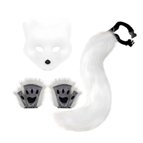 kawehiop Fuchskostüm Cosplay, Halloween Kostüm mit Furry maske, Fuchsschwanz, Handschuhe, Cosplay-Kostüm für Halloween, Weihnachten, Party (Weiß) von kawehiop