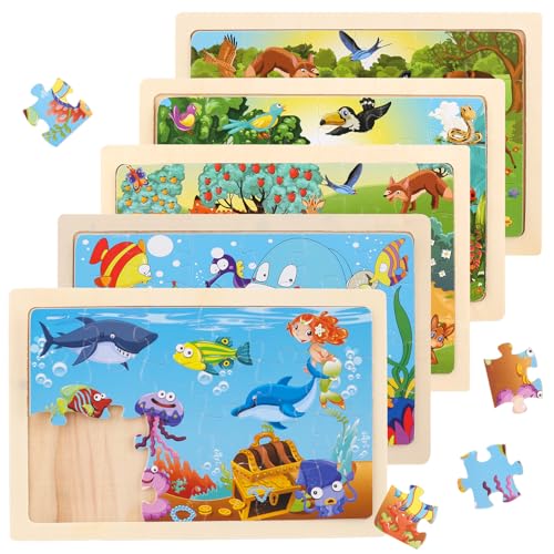 Kayqbonke 5x24 Teilen Holzpuzzle Kinder, Puzzle ab 3 4 5 6 Jahre, Bauernhof Meeresboden-Tiere Steckpuzzle Holz, Kinderspielzeug ab 3 Jahre für Kinder für Jungen und Mädchen von kayqbonke