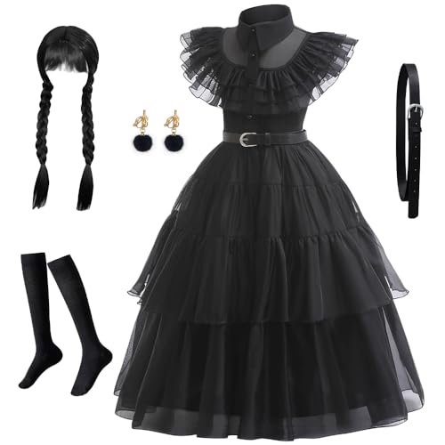 keaiyouhuo Halloween Kostüm Mädchen Kleid für Kinder Schwarz Prinzessin Kleid Cosplay Party Outfit mit Gürtel Perücke Socken 4-14Y von keaiyouhuo