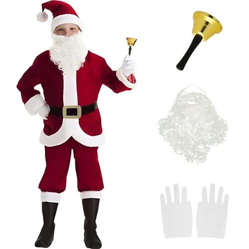 8PCS Weihnachtsmann Kostüm Kinder,Nikolaus Santa Claus Costume Junge mit Oberteile, Hosen, Schuhe, Gürtel, Hüte, Schnurrbärte, Glocken, Handschuhe für Weihnachten,Cosplay,Karneval (8PCS Kinder, L) von kejoyoucos