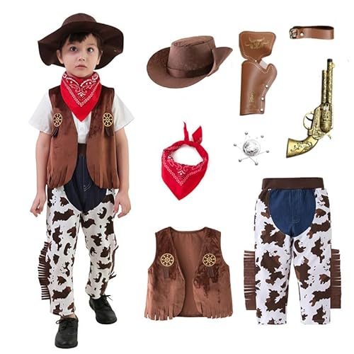 kejoyoucos 8PCS Cowboy Kostüm Kinder Zubehör mit Hut Weste Toy Blaster mit Halfter Bandana Karneval Fasching Cosplay Costume Zubehör (8PCS, 110) von kejoyoucos