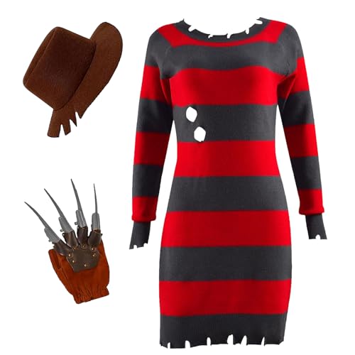 kejoyoucos Freddy Krüger Kostüm Damen,3 Set Freddy Nightmare Rot Grün Gestreifter Pullover Halloween Horror Kostüm mit Handschuh (M) von kejoyoucos