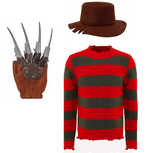 kejoyoucos Freddy Krüger Kostüm Kinder,3 Set Freddy Nightmare Rot Grün Gestreifter Pullover Halloween Horror Kostüm mit Handschuh (kids, 150(11-12years)) von kejoyoucos