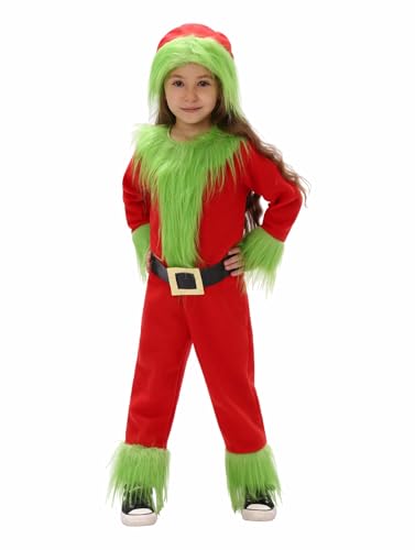 kejoyoucos Furry Weihnachten Grün Elfen Monster für Kinder Karneval Kostüm Halloween Christmas Weihnachtsmann Cosplay (Grün, L) von kejoyoucos