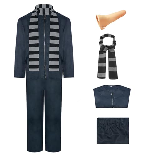 kejoyoucos Gru Kostüm mit Künstlicher Nase Schwarz Grau Gestreifter Schal Zubehör Halloween Karneval Cosplay Set Outfit für Erwachsene Männer (2XL) von kejoyoucos