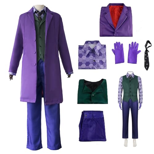 kejoyoucos 6 PCS Clown Kostüm Karneval Halloween Cosplay Herren Deluxe Lila Mantel Weste Hose Krawatte Handschuhen Outfit Set (Purple Suit, 2XL) von kejoyoucos