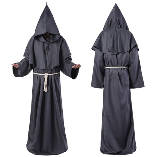 kejoyoucos Mönch Kostüm Mittelalter Renaissance Robe Kapuze Priester Kostüm mit Kreuz Halskette und Kordel Horror Halloween Karneval Zauberer Kostüm Herren (Black, M) von kejoyoucos