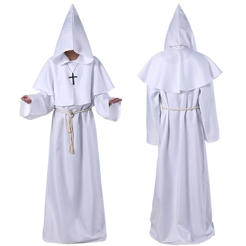 kejoyoucos Mönch Kostüm Mittelalter Renaissance Robe Kapuze Priester Kostüm mit Kreuz Halskette und Kordel Horror Halloween Karneval Zauberer Kostüm Herren (White, M) von kejoyoucos