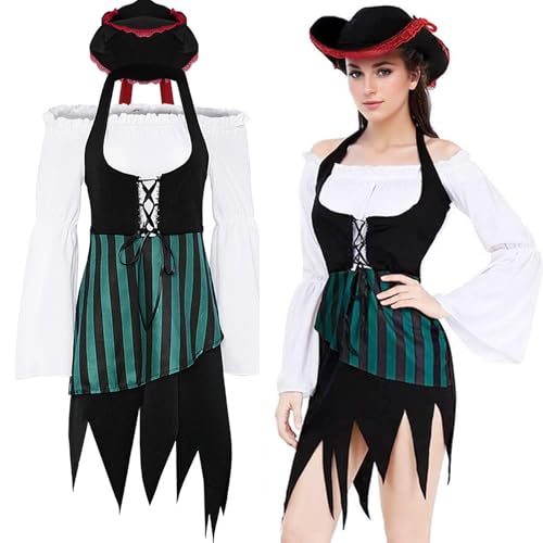 kejoyoucos Piratenkleid Korsett mit Rock Piratenkostüm Damen mit Piratenhut Damen Karneval Mittelalter Kleid Renaissance Pirat Rock Outfit Fasching Halloween Cosplay (Blue set, L) von kejoyoucos