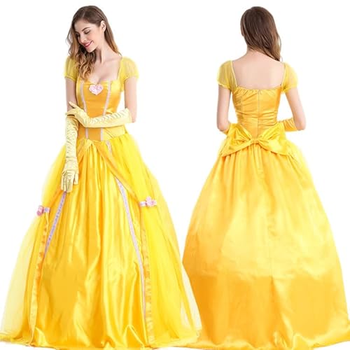 kejoyoucos Prinzessin Kostüm Damen Die Schöne Kostüm Halloween Weihnachten Fasching Karneval Cosplay Women Princess Deluxe Gelb Dress (2XL) von kejoyoucos