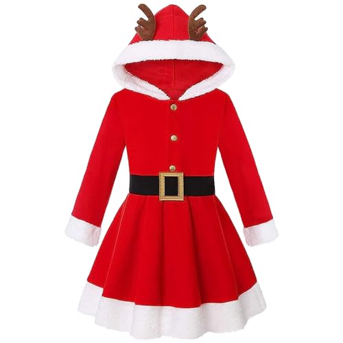 kejoyoucos Weihnachtskleid Mädchen mit Rentier Geweih,Weihnachtsmann Kostüm Kinder Christmas Costume Karneval Fasching Cosplay Outfit (Kids, 110) von kejoyoucos