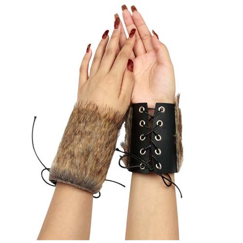 keland 1 Paar Wikinger Pelz Leder Armschienen Armschutz Mittelalter Armbänder für Damen Herren (Braun) von keland