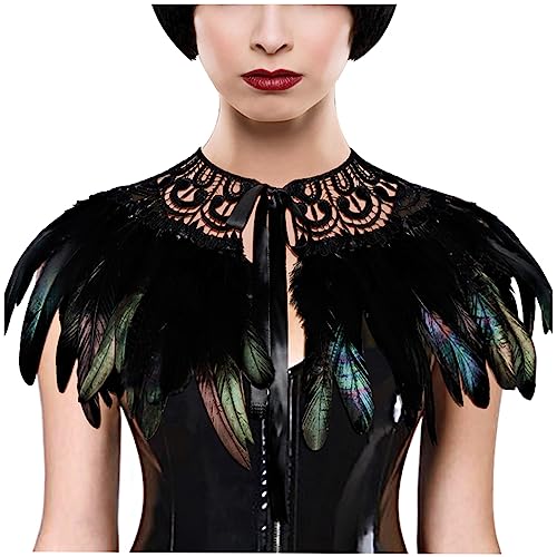 keland Damen Gotisch Feder Umhang Schultertuch Poncho Bolero Stola mit Rosen Kragen für Halloween Cosplay Kostüm (Schwarz-001) von keland