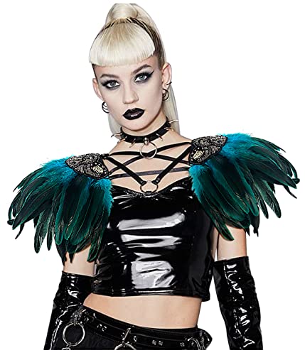 keland Damen Gothic Feder Epauletten Umhang Schulterklappen Schulterschmuck Federschultern mit Pailletten für Halloween Cosplay (Saures Blau) von keland