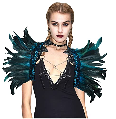 keland Damen schwarz echte Feder Achselzucken Schal Wrap Lace Kragen Halloween Kostüm Schal Top(Blau-F) von keland