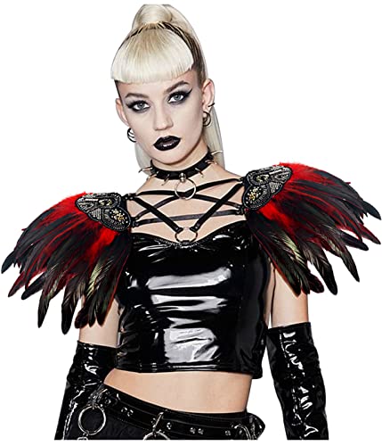 keland Damen Gotisch Viktorianisch Feder Epauletten Schultertuch Poncho mit Pailletten für Halloween Kostüm Cosplay (Rot) von keland