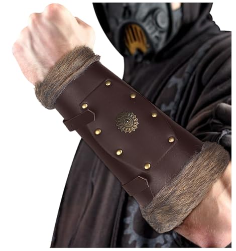 keland Kunstfell Wikinger Leder Armschienen Mittelalter Armschutz Armstulpen für Damen Herren LARP Zubehör, EIN Paar (A-Braun) von keland