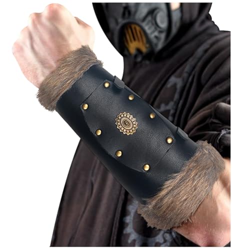 keland Kunstfell Wikinger Leder Armschienen Mittelalter Armschutz Armstulpen für Damen Herren LARP Zubehör, EIN Paar (A-Schwarz) von keland