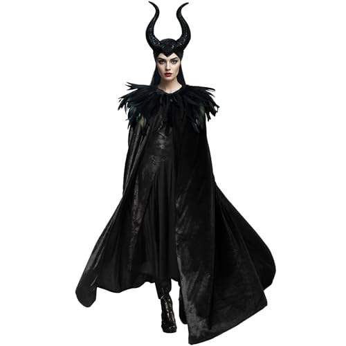 keland Maleficent Kostüm Damen Schwarzer Samtumhang Federkragen mit Böse Königin Hörner Set (Schwarz) von keland