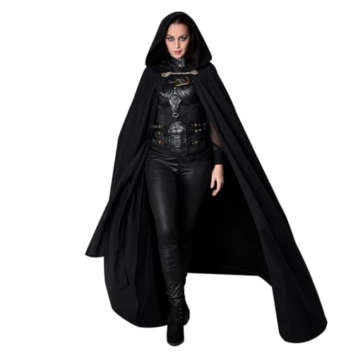 keland Mittelalter Umhang mit Kapuze Kapuzenumhang Cape für Halloween Cosplay mit Wikinger Broschen (Schwarz) von keland