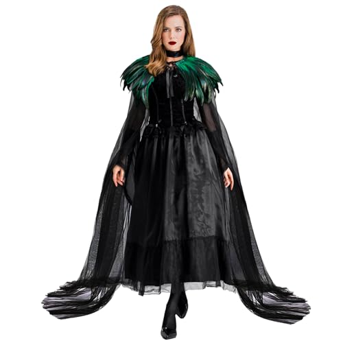 keland Schwarzer Tüll Umhang Lang mit Federkragen Feder Cape Halloween Maleficent Accessoires (Grün) von keland