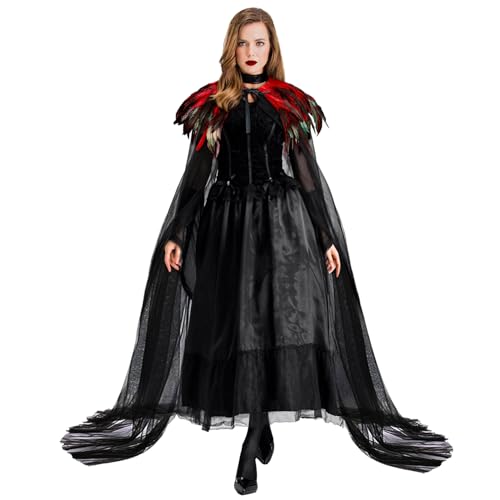 keland Schwarzer Tüll Umhang Lang mit Federkragen Feder Cape Halloween Maleficent Accessoires (Rot) von keland