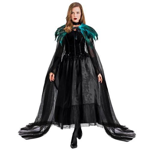 keland Schwarzer Tüll Umhang Lang mit Federkragen Feder Cape Halloween Maleficent Accessoires (Säureblau) von keland