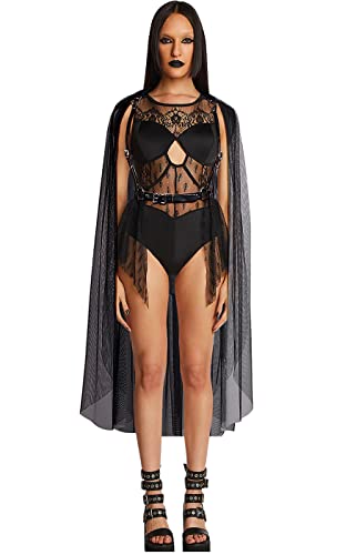 keland Sheer Tüll Umhang Schal Schultertuch Poncho mit Leder Body Harness Top für Halloween Vampir Kostüm (Schwarz-001) von keland