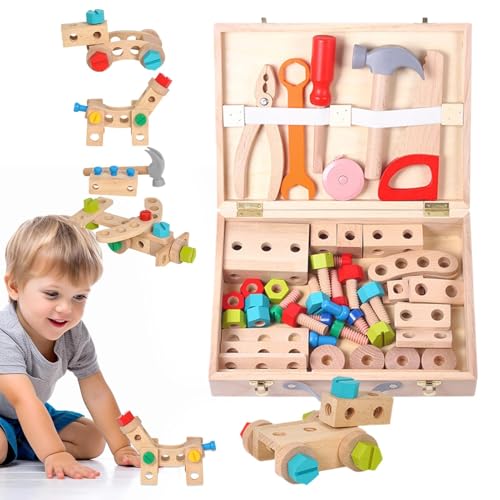 keloppasit Spielwerkzeugset für Kinder, Werkzeugset für Kleinkinder - Tragbares Kinderspielzeugset aus Holz,Lern- und Lernspielzeug, Lernaktivitäten im Vorschulalter, Feinmotorikspielzeug in Box für von keloppasit