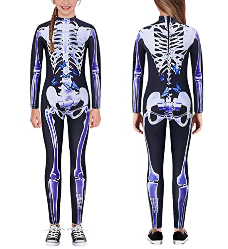 kids4ever Halloween Kinder Skelett Anzug Kostüm Body Weiß Lila Knochen Blau Druck Overall mit Rücken Zip Skinny Jumpsuit für Mädchen Jungen 7-8 Jahre von kids4ever