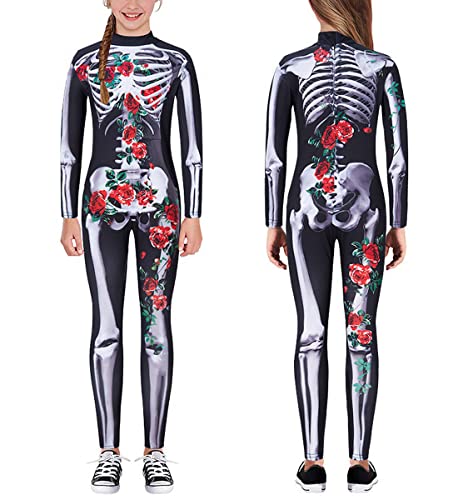 kids4ever Halloween Mädchen Jungen Skelett Kostüm für Kinder Overall 3D Roter Rosendruck Stretch Reißverschluss Bodysuit Halloween Jumpsuit Cosplay Karneval 9-10 Jahre von kids4ever