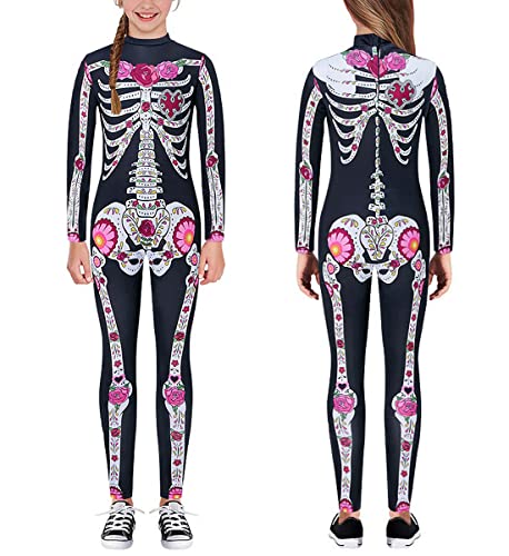 kids4ever Halloween Skelett Kostüm Jumpsuit für Kinder 3D Print Rosenknochen Rücken Zip Einteiler Playsuit All-in-One-Overall für Mädchen 9-10 Jahre von kids4ever