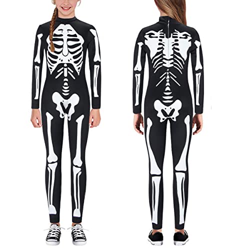 kids4ever Halloween Skelett Kostüm Kinder 3D Leuchtendes Skeleton Kostüm für Mädchen Jungen Reißverschluss Jumpsuit Bodysuit Overall Stretch Skinny Skelett Bodysuit 11-12 Jahre von kids4ever