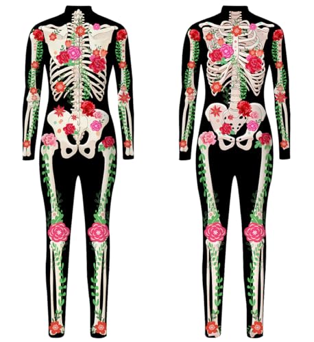 kids4ever Kinder Skelett Kostüm 3D Rose Bedruckt Skelett Knochen Bodysuit Halloween Jumpsuit Gruselige Cosplay Kostümparty für Mädchen 9-10 Jahre von kids4ever