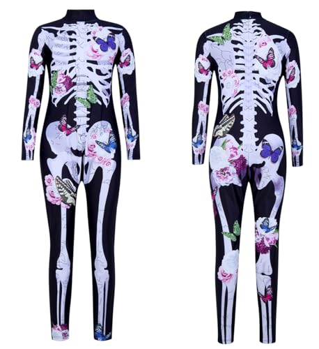 kids4ever Kinder Skelett Kostüm Halloween Bodysuit Schmetterling Aufdruck HalloweenKostüme mit Reißverschluss Enger Overall Stretch Bodycon Einteiler für Mädchen von 7-8 Jahren von kids4ever