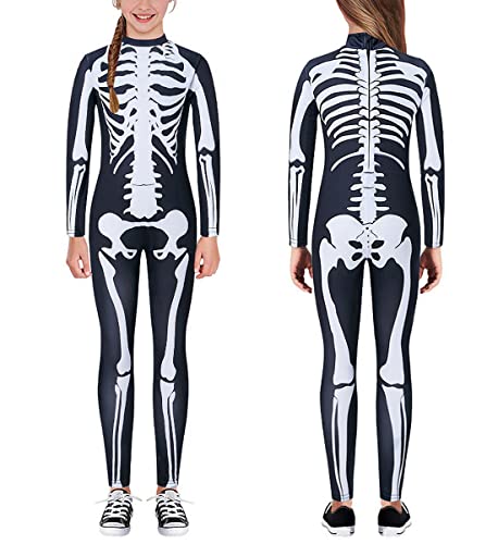 kids4ever Kinderkostüm Halloween-Dress Up Skelett Overall Schwarz und Weiß Druck Bodysuits Skinny Rücken Zip Jumpsuit Stretch Cosplay Kostüm Bodycon One Piece 13-14 Jahre von kids4ever