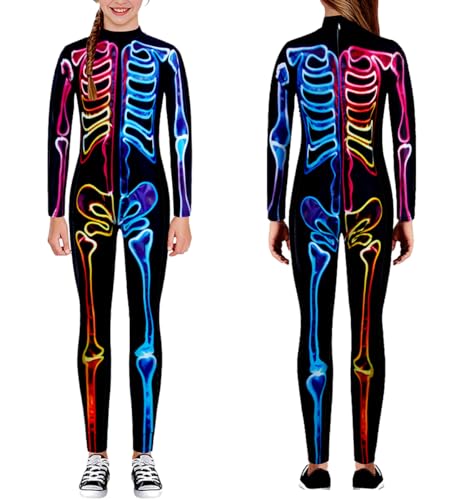 kids4ever Skelett Kostüm Kinder Halloween Scary Horror Overall mit Rücken Zip Farbiges Knochen Bodysuits für Mädchen Jungen 7-8 Jahre von kids4ever