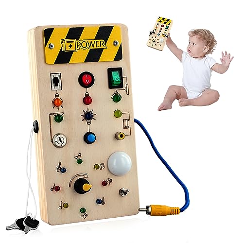 Montessori Spielzeug Busy Board mit LED, Holzspielzeug Lichtschalterspielzeug, Montessori Busy Board, Activity Board Kinderspielzeug, Motoriktafel Lichtschalter ab 1 2 3 4 Jahre Geschenke von kieyeeno